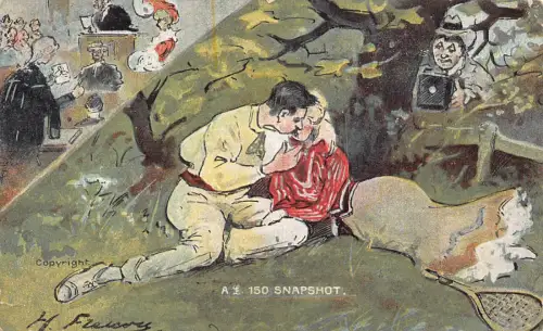 B452 Schnappschuss Paar küsst Tennis Gericht Vintage Kamera H Fleury Postkarte