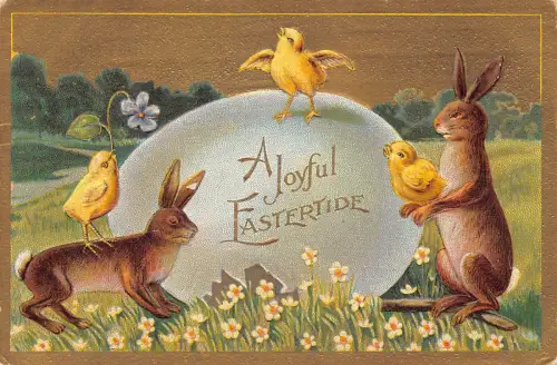 B452 Ostern Humanisiertes Kaninchen fürsorgliches Küken, das Blumenei Prägepostkarte hält