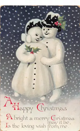 B453 Weihnachtsgrüße 1916 Humanisierte Schneemänner Paar Umarmung Heiliger Baum Postkarte