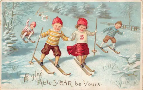 B452 Neujahrsgrüße Kinder Skifahren Wintersport Schnee Vintage Postkarte