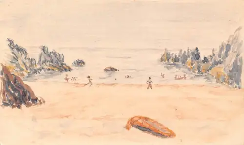 B452 Handgemalte Kunst Menschen am Strand Boot Meer Klippen Vintage Postkarte