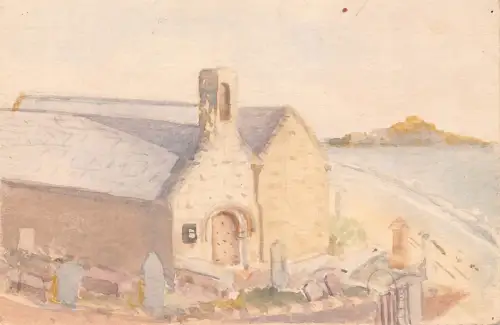 B452 Handgemalte Kunst Kirche und Friedhof in Strandnähe Vintage Postkarte