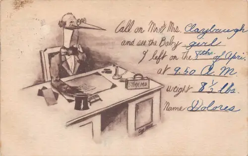 B452 Geburtsanzeige 1911 Humanisierter Storch mit Brille im Büro Postkarte