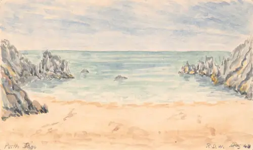 B452 handgemalte Kunst signiert RDW Porth Iago Beach Cliffs Vintage Postkarte