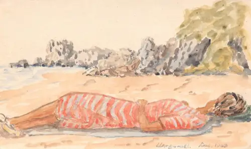 B452 Handgemalte Kunst signiert 1949 Frau liegend am Strand Vintage Postkarte