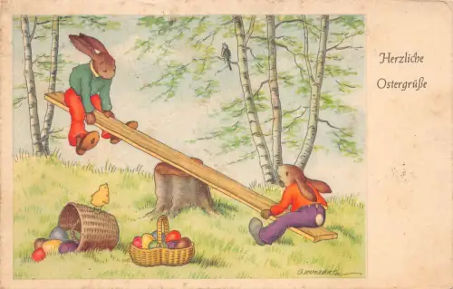 B452 Ostergrüße Humanisierte Hasen spielen auf Wippe Ei G Lambert Postkarte
