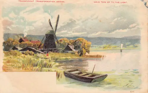 B452 Lichtfest Regenbogen Windmühle Boot See Landschaft Postkarte