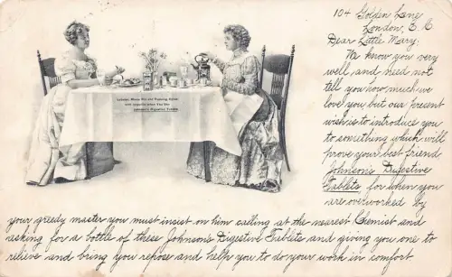 B452 Werbung Johnsons Verdauungstabletten Zwei Frauen essen Postkarte