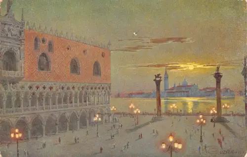 A746 Italien Venezia Venedig Piazzetta S Markusplatz Mondschein Vintage Postkarte