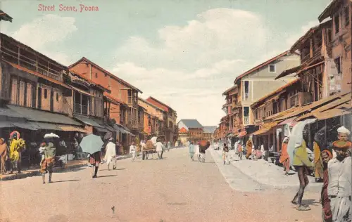 A005 Indien Straßenszene Poona Regenschirme Geschäfte Vintage Postkarte