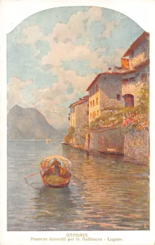 A003 Schweiz Gandria Lugano Gemälde signiert G Galbusera Boot Postkarte