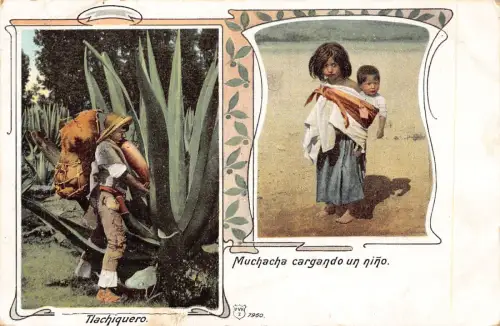 Mexiko 1904 Ethno Native Child Tlachiquero Muchacha cargando Nino Postkarte B837