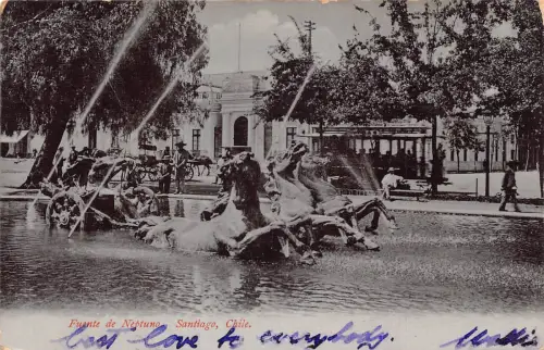 A813 Chile Santiago Fuente de Neptuno Brunnen Mondschein Vintage Postkarte