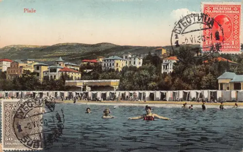 B068 Kroatien 1930 Crikvenica Plaze Strand Menschen Baden Postkarte