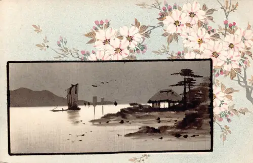 L273 Japan Art Hut Segelboot Blühender Baumzweig weiße Blumen Postkarte