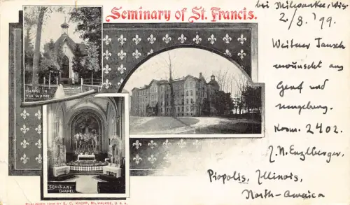 A193 US Wisconsin 1899 Seminary of St Francis Chapel in Woods Vintage Postkarte
