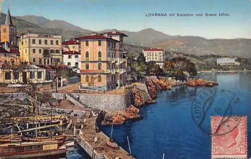 L148 Kroatien 1920 Lovrana Excelsior und Grand Hotel Boot Vintage Postkarte