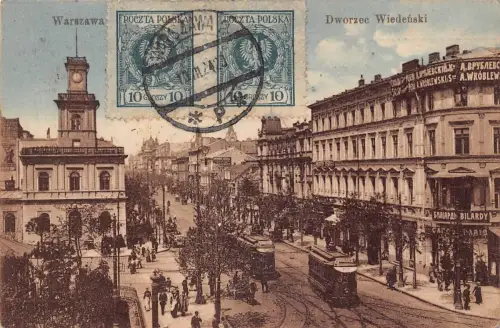L148 Polen Warschau 1924 Warszawa Dworzec Wiedenski Straßenbahnen Geschäfte Vintage Postkarte