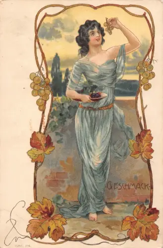 B125 Jugendstil Glamour Dame isst Trauben Herbstlaub Geschmack Postkarte