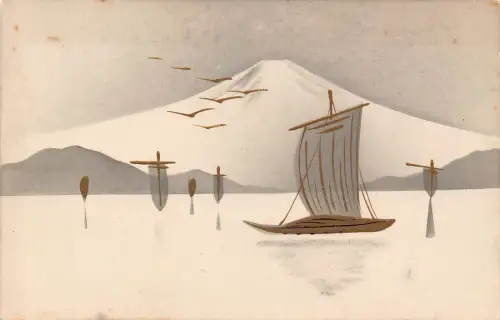 A832 Japan handbemalte Segelboote Berg Fuji Vögel Vintage Postkarte