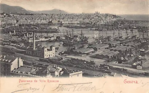 A229 Italien 1904 Genua Villa Rosazza Bahnhof Hafen Dampfschiff Postkarte