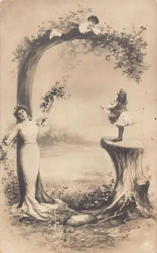 B590 Alphabet Buchstabe G aus Ast Kinder schöne Dame Postkarte