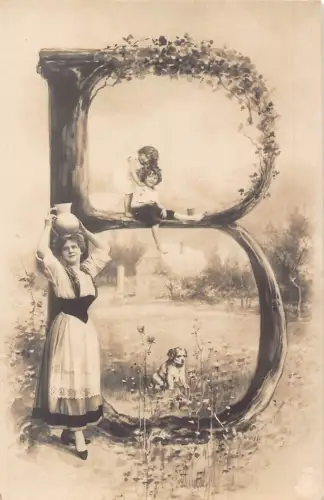 B591 Alphabet Buchstabe B B Bauerndame Kinder Welpe Hund Vintage Postkarte