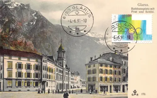 L298 Schweiz Glarus Rathaus mit Post und Schild Vintage Postkarte