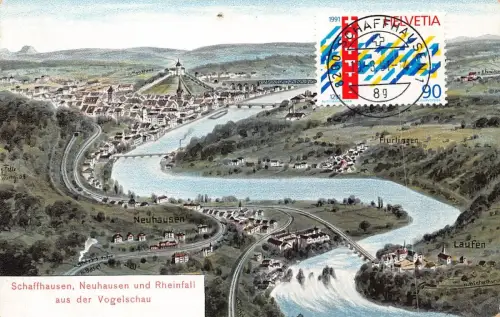 L297 Schweiz Schaffhausen Neuhausen Rheinfall Vogelschauge Fluss Postkarte
