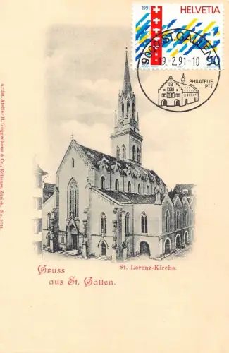 L296 Schweiz Gruss aus St. Gallen St. Lorenz Kirche Vintage Postkarte