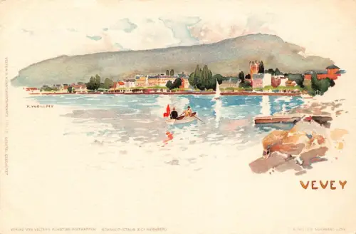 Schweiz Vevey Gesamtansicht Bootskunst von F Voellmy Chromo Litho Postkarte B905