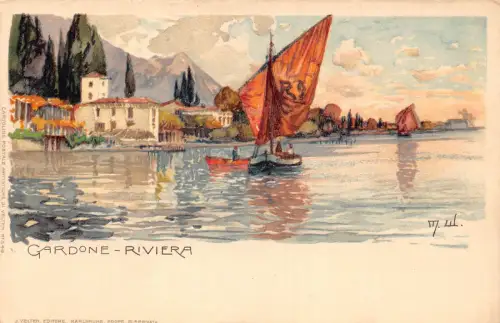 Italien Gardone Riviera Bootskunst von Manuel Wielandt Chromo Litho Postkarte B906