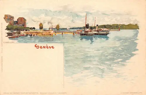 Schweiz Genfer See Dampfschiff Kunst von F Voellmy Chromo Litho Postkarte B905