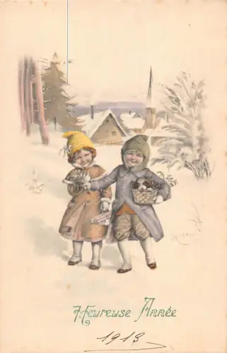 L150 Neujahrsgrüße 1912 Kinder Welpe J Kostial signierte Postkarte