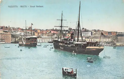 Malta Valetta Grand Harbour Dampfschiffe Vintage Postkarte B910