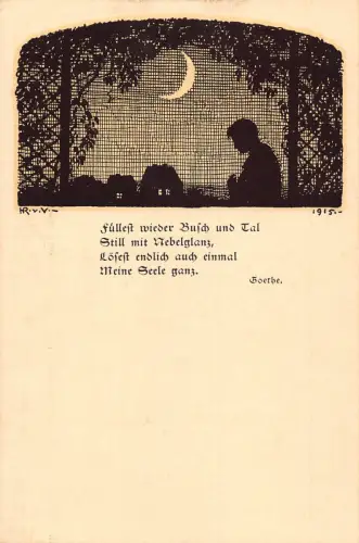 B155 Silhouette Einsamer Junge Mondsichel Goethe Gedicht 1915 Postkarte