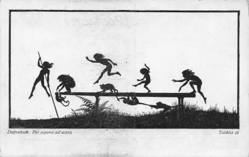 B154 Silhouette Kinder und Affe spielen auf Balkenspeer Vintage Postkarte