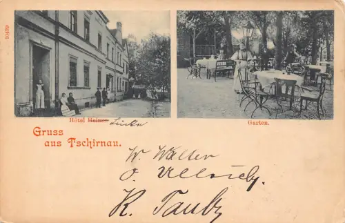 B158 Polen 1901 Gruss aus Tschirnau Czernina Hotel Heinze Garten Postkarte