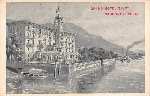 A874 Italien Gardone Riviera Grand Hotel Savoy Boot Dampfschiff Vintage Postkarte