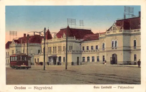 L509 Rumänien Nagyvarad Oradea Bahnhof Straßenbahn Vintage Postkarte