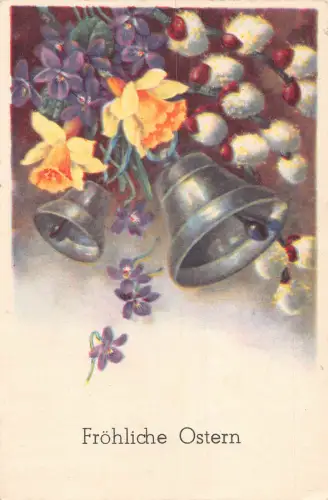 Ostergrüße 1941 Glocken Veilchen Muschi Weide Narzissen Vintage Postkarte