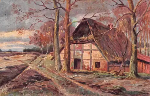 Landschaftliche Natur 1917 Haus im Herbstwald im Morgengrauen Vintage Postkarte