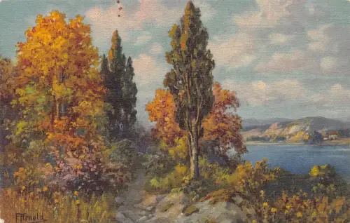 Herbstlandschaft 1929 Kunst signiert F Arnold Vintage Postkarte