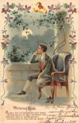 Gebrochene Verlobung 1905 Ringe Mondschein Veilchen Mann Balkon Vintage Postkarte