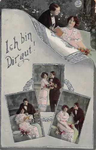 Hochzeit 1916 Ich bin Dir Gut Paar posiert Mondschein Vintage Postkarte