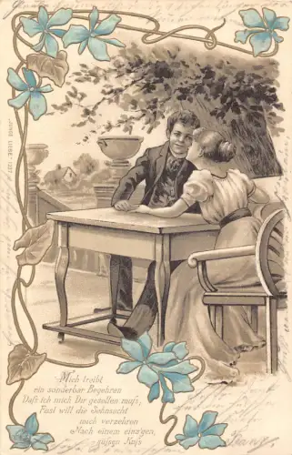 Liebesromantik 1903 blaue Blumen Paar diskutiert am Tisch Gedicht Postkarte