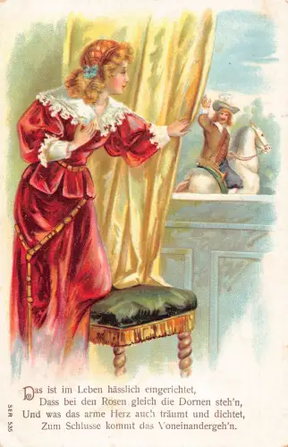 Frau beobachtet am Fenster verlässt Ehemann auf Pferd Gedicht Vintage Postkarte