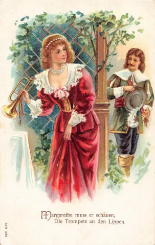 Paar flirtende Musikinstrumente Paar Märchen geprägte Postkarte