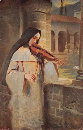 Kunst Zisterzienserin Nonne spielt Violine in Abtei Vintage Postkarte