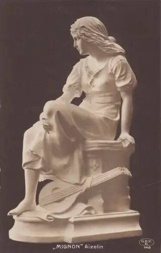 Kunst Skulptur Frau posiert Mandoline Mignon Aizelin Vintage Postkarte